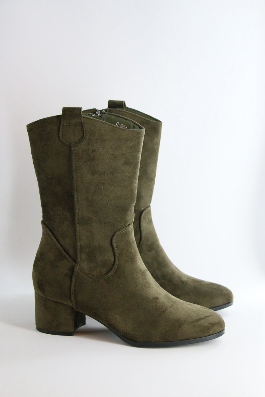 Bottine mi-mollet - Daim - Vert Militaire