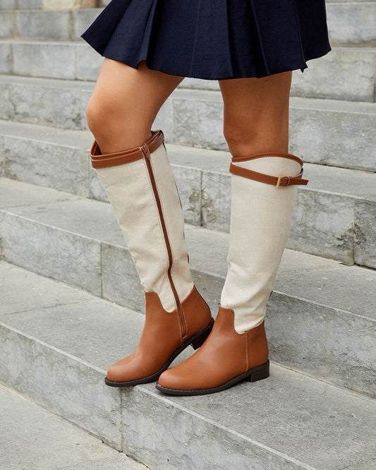 Bottes cavalière bi-matière - Camel & Beige